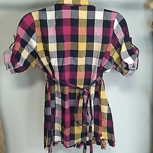 Poetry colourful checkered pattern Full button up rouched upper short - Picture 7 of 10